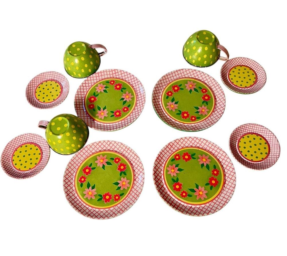 Schylling Metal Toy Tea Set Green Floral Polka Dots Pretend Toddler Play